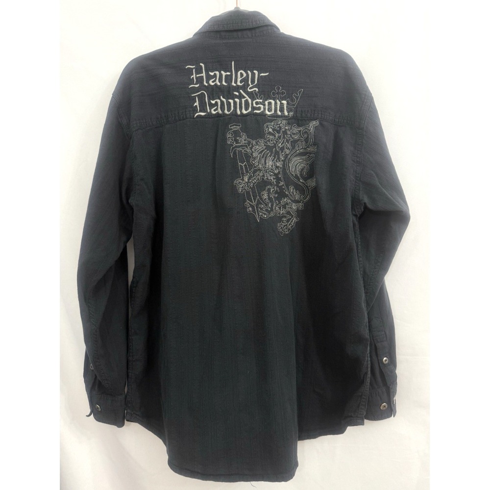 Harley Davidson Shirt Mens L Black Embroidered Lion Logo Button Up 2006
